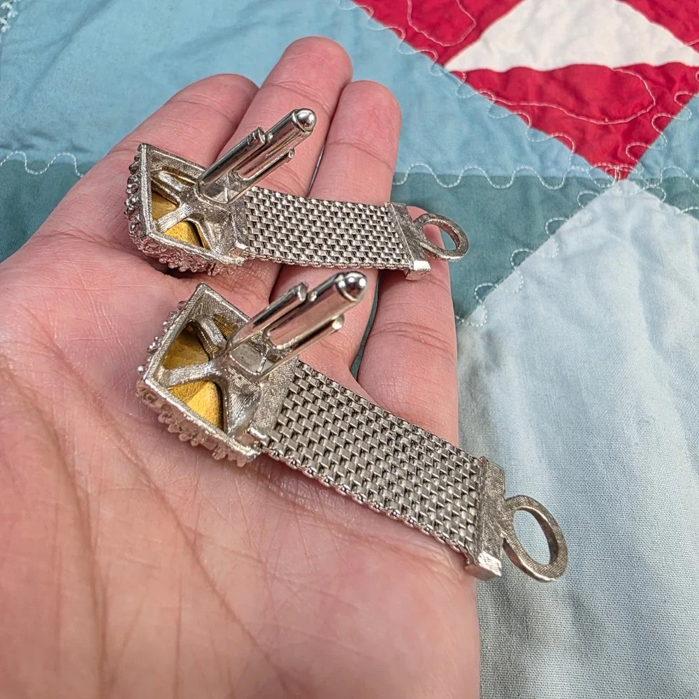 Vintage Mesh Wrap Cufflinks Mens Blue Crystal‎ Silver Tone Square Toggle Back